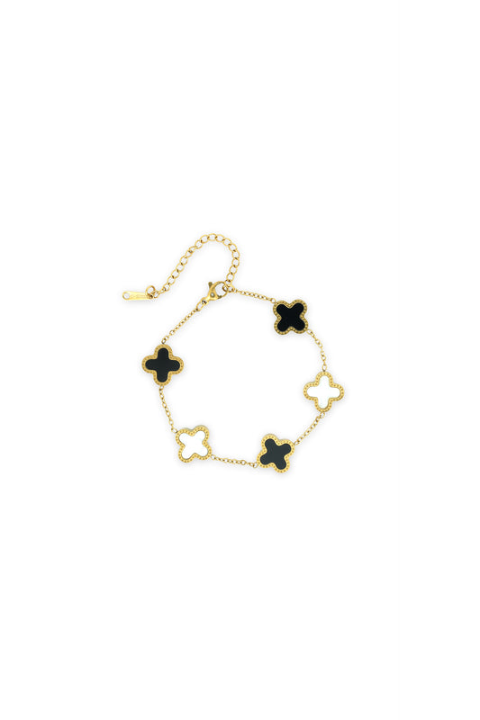 Elegant Gold & Enamel Clover Bracelet - Black and White Charm