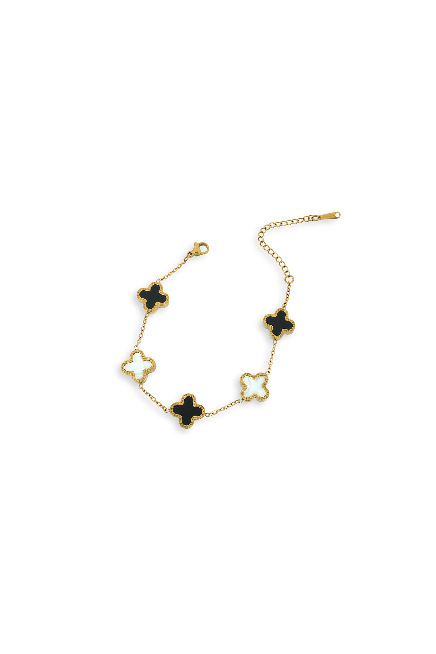 Elegant Gold & Enamel Clover Bracelet - Black and White Charm