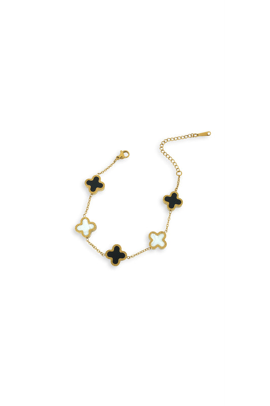 Elegant Gold & Enamel Clover Bracelet - Black and White Charm
