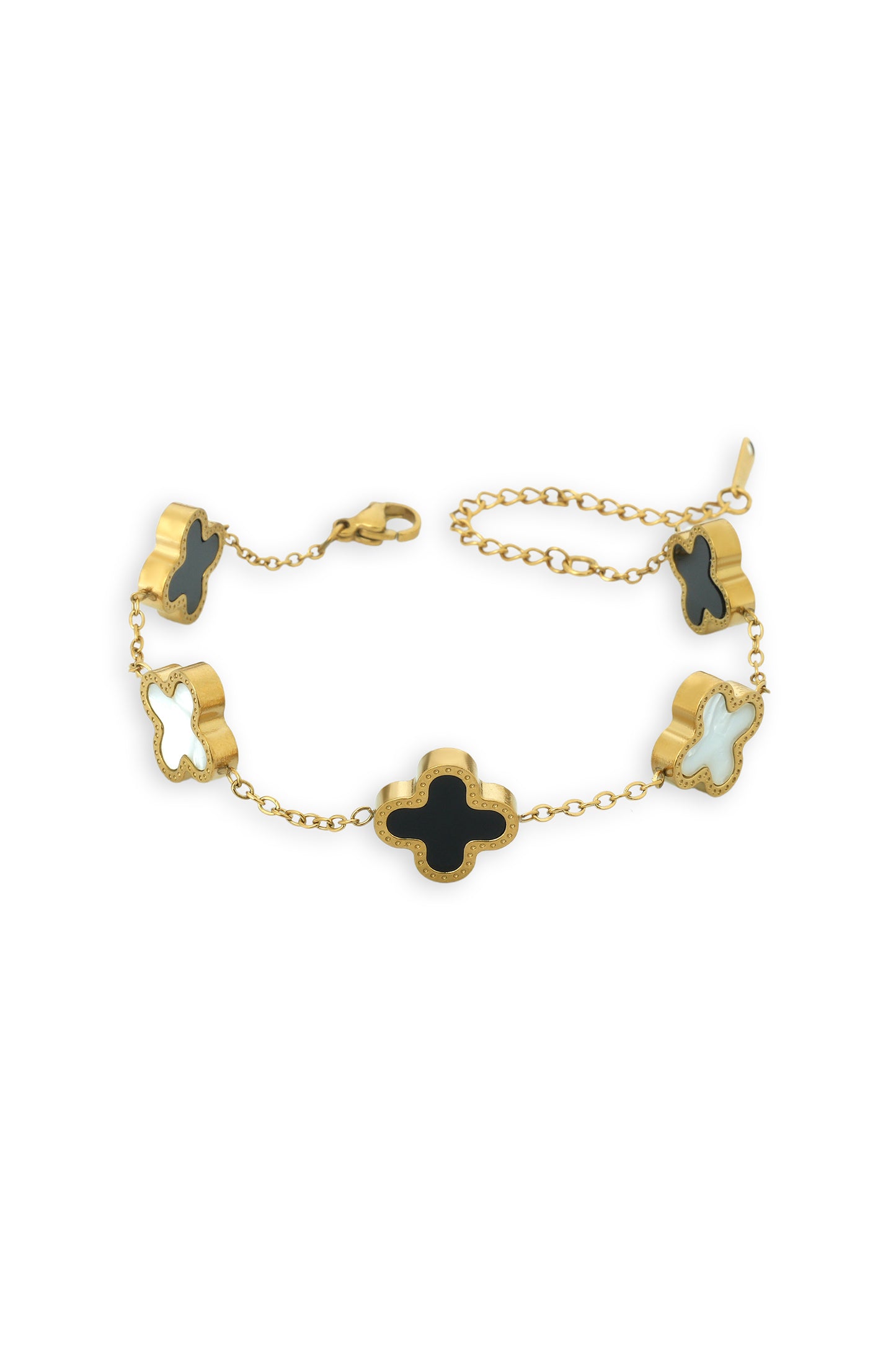 Elegant Gold & Enamel Clover Bracelet - Black and White Charm